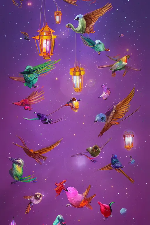 Image similar to purple space racoon, colorful birds flying. Magical lanterns and chandeliers. Fantastical, detailed digital art trending in artstation