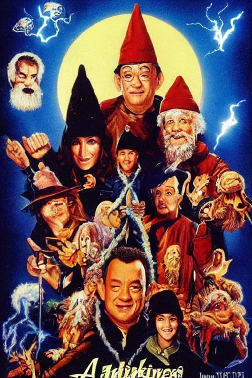 Image similar to movie poster hanksgiving, tom hanks, turkey, a wizard, lightning, 1 9 8 2, drew struzan inspiration