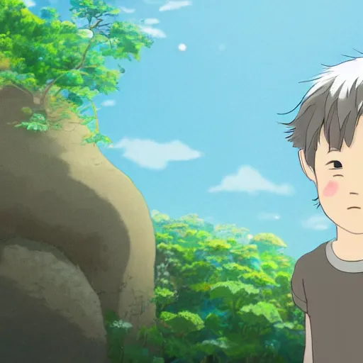 Prompt: friendly guy with Fragile looking character portrait face and small creature , made by Studio Ghibli highly detailed art, beautiful scene, sharp focus, smooth, 8k, anime art
