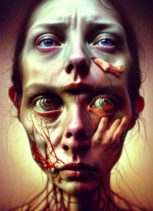 Prompt: there is ugliness in beauty, but there is also beauty in ugliness detailed portrait painting inspired by beksinski and alex gray, accurate anatomy, vintage, anamorphic lens, anamorphic lens flares, kodakchrome, cinematic composition, award winning photo, by jenny saville. 8 k