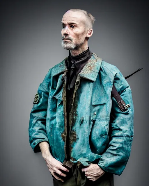 Image similar to an award - winning photo of an ancient male model wearing a plain baggy teal distressed medieval designer menswear dutch police jacket slightly inspired by medieval armour designed by alexander mcqueen, 4 k, studio lighting, wide angle lens