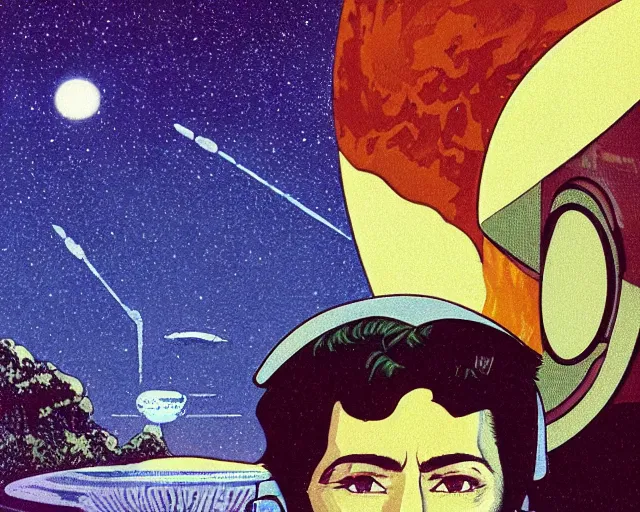 Image similar to a headshot head shot portrait of Alain Delon pilot in spacesuit posing on field forrest spaceship station landing laying lake artillery outer worlds shadows in FANTASTIC PLANET La planète sauvage animation by René Laloux