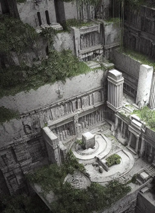 Image similar to “an Aerial view of a cenotes-like modernism Calidarium with marble quarry interior designed by GiuseppeTerragni , Danteum, Dearmcore, abandoned Architecture, hyper-realistic, dark and moody, highly detailed, hyper-realistic, environment, dramatic lighting, octane rendering, vray, unreal engine, cinematic view, 8k”