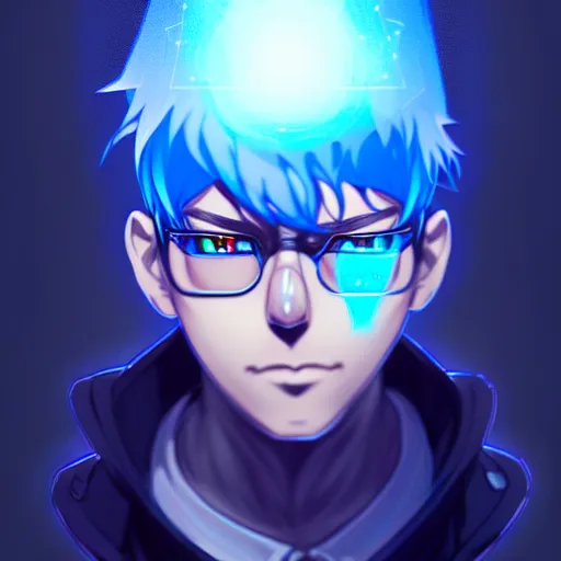 Prompt: a highly detailed portrait of a man with navy blue hair and blue glowing eyes, summoning blue transparent cubes, high detail clothing, concept art, anime, artstation, professional