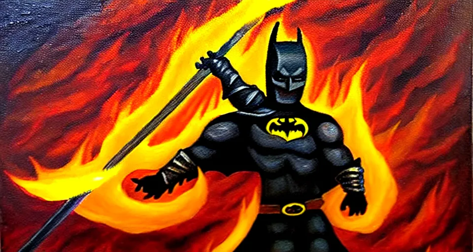 Image similar to An oil painting of a dark knight wielding a flaming sword