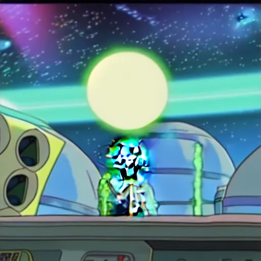 Image similar to screenshot rick and morty flying in their regular ufo in deep space, the death star explodes on background