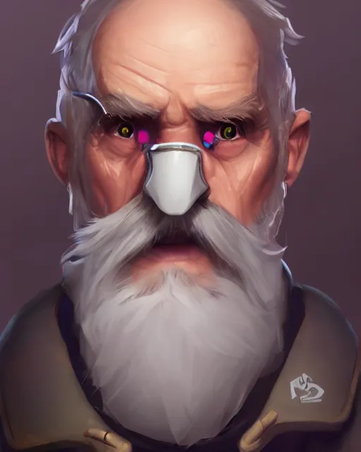 Image similar to overwatch concept art character portrait of a new character who is an elderly man with a scarred face and long mustache and eyepatch, trending on artstation, cgsociety,