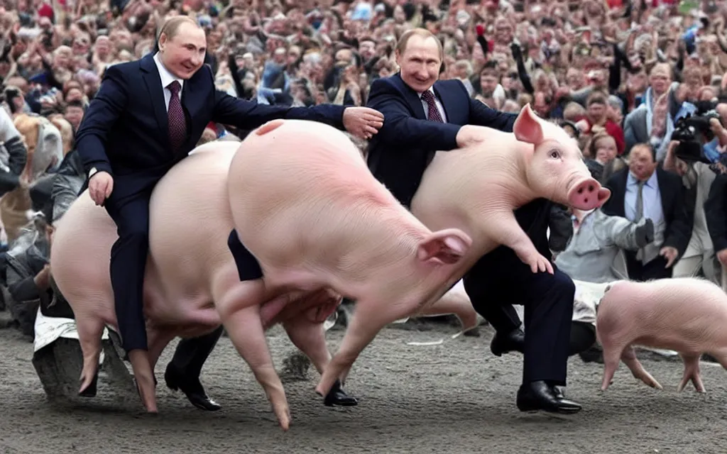 Prompt: vladimir putin riding on alexander lukashenka as pig