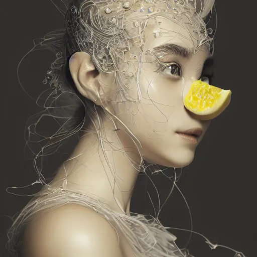 Image similar to the portrait of a sensual lemon that resembles absurdly beautiful, graceful, elegant, sophisticated, young gravure idol made up of lemons, an ultrafine hyperdetailed illustration by kim jung gi, irakli nadar, intricate linework, bright colors, octopath traveler, final fantasy, unreal engine 5 highly rendered, global illumination, radiant light, detailed and intricate environment