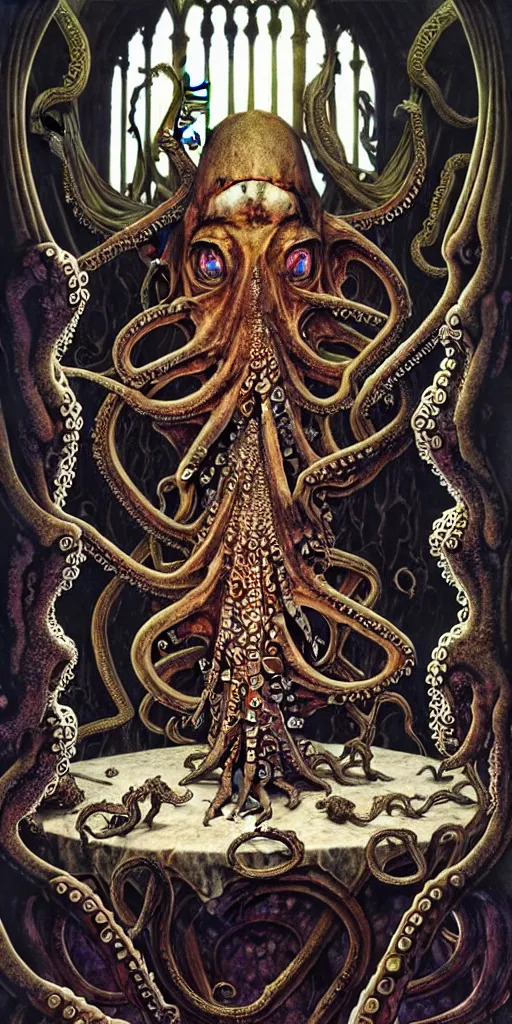 Image similar to mages with human bodies and magical armour with octopus heads sitting near the table in an ancient mage castle with enormous scale, gothic and baroque, brutalist architecture, ultradetailed, Intricate by John Howe and Josan Gonzalez and Giuseppe Arcimboldo