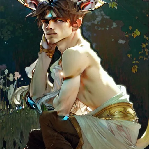 Image similar to Portrait of a pretty fantasy catboy with cat ears. Art by Greg Rutkowski and Alphonse Mucha