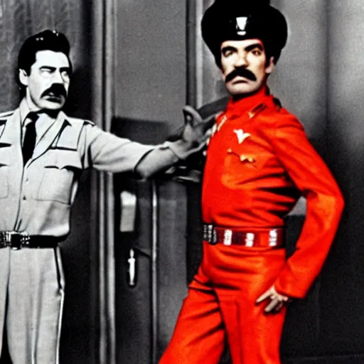 Image similar to A movie still of Stalin wearing a disco suit in Satuday Night Fever