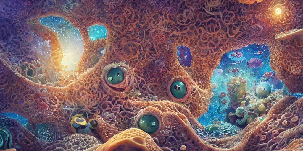 Image similar to of an intricate sea reef with strange cute friendly happy creatures with huge eyes, mouth, long tongue, round teeth and goofy face, appearing from the background, in the style of gehry and gaudi, macro lens, shallow depth of field, ultra detailed, digital painting, trending artstation, concept art, illustration, cinematic lighting, photorealism, epic, octane render