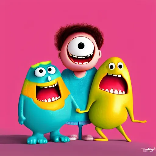 Prompt: happy cute friendly fun hugging tutti frutti characters, pixar, digital, vivid, hyperdetailed
