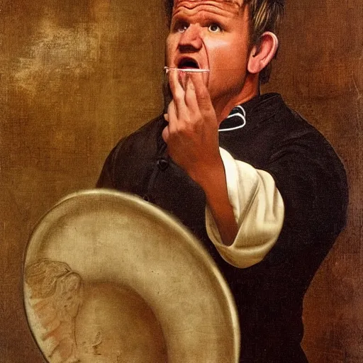 Prompt: A medium shot of Gordon Ramsay yelling in a chef uniform, painted by Leonardo da Vinci