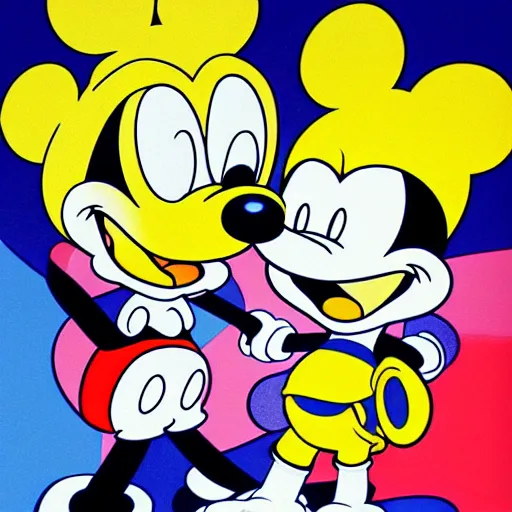 Image similar to mickey mouse and bart simpsons anime manga glitch art pop art by takashi murakami