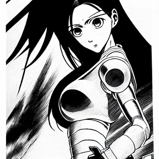 Image similar to alita by yukito kishiro. medium shot. black and white manga. pencil drawing. high detailed face