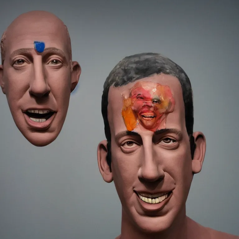 Prompt: beautiful studio photograph of colorful postmodern portrait sculpture of adam sandler smiling, beautiful symmetrical face accurate face detailed face realistic proportions, made of watercolor - painted plaster on a pedestal by ron mueck and matthew barney and greg rutkowski, hysterical realism intense cinematic lighting shocking detail 8 k