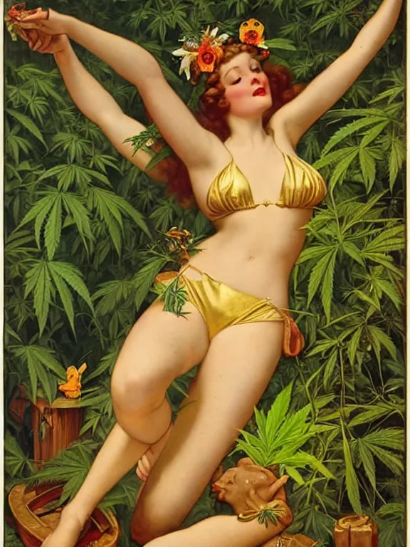 Image similar to The goddess Mary Jane in a bikini made of marijuana, a beautiful art nouveau portrait by Gil elvgren, lush jungle environment, centered composition, defined features, golden ratio, golden jewelry