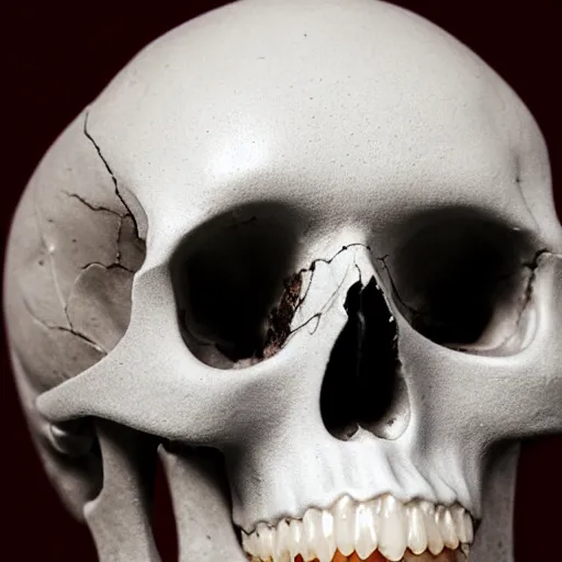 Prompt: a human skull made of and covered in teeth