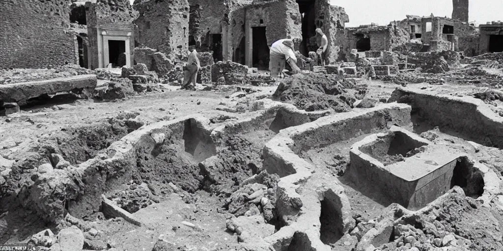 Prompt: Archaeologists Finding a Complex Machine in a Hole, Buried in the Ruins of Pompeii, 1983 photo, award winning