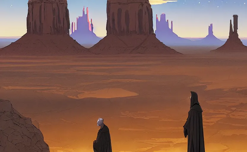 Image similar to a hyperrealist watercolor concept art of monument valley as a sci - fi futurist metropolis. a medieval monk in grey robes is in the foreground. golden hour. very muted colors, by rebecca guay, michael kaluta, charles vess. high detail, hq, wide shot, 4 k