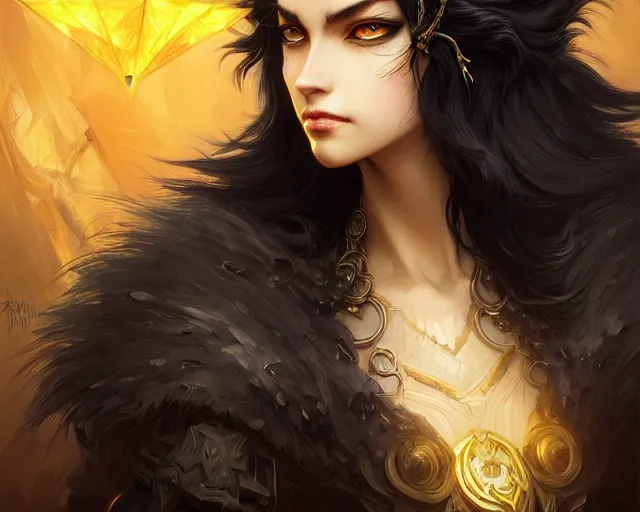 Prompt: black lion with deep big yellow eyes, deep focus, d & d, fantasy, intricate, elegant, highly detailed, digital painting, artstation, concept art, matte, sharp focus, illustration, hearthstone, art by artgerm and greg rutkowski and alphonse mucha