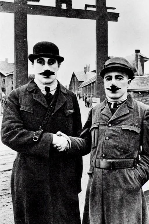 Image similar to a photograph of charlie chaplin and adolf hitler shaking hands in front of auschwitz gate, hitler, original photograph, rare