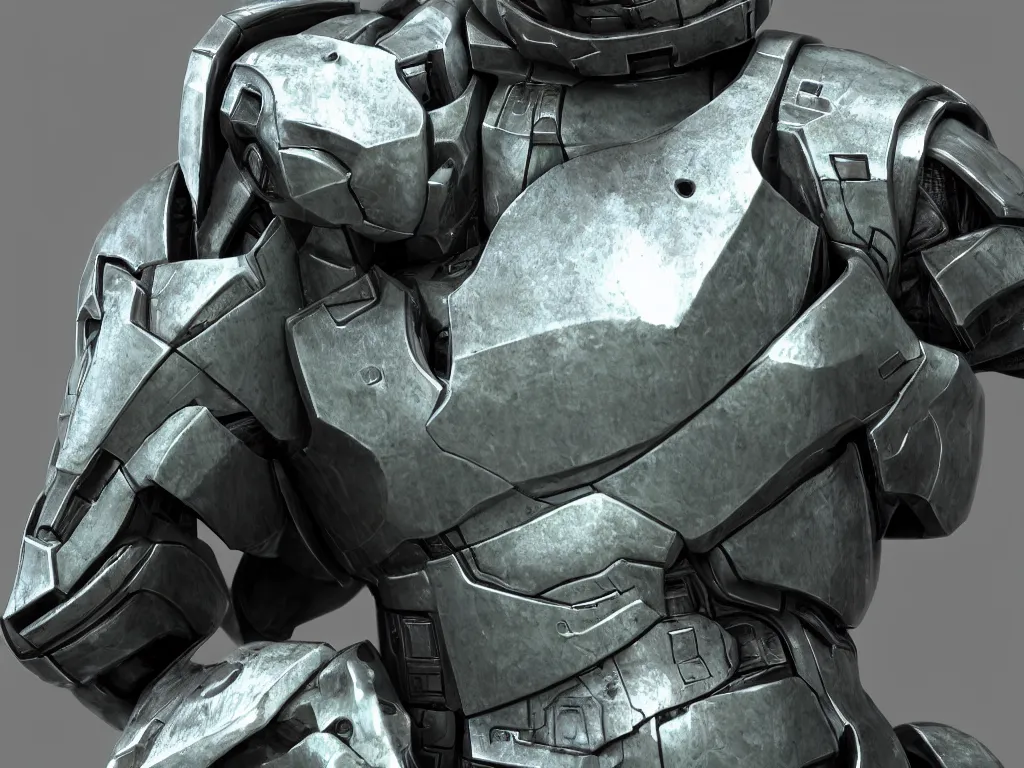 Image similar to master chief bust shot, studio photo, 3 d render, unreal engine, stunning scene, hdr, dynamic lighting, chrome, metallic, shiny, reflective, 8 k