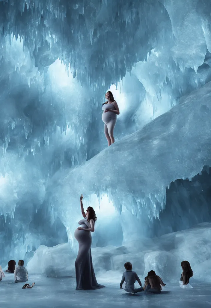 Image similar to pregnant woman making an epic speech, multiple people hearing the pregnant woman, ice cave, facinating, fantasy digital art, octane render, beautiful composition, trending on artstation, award - winning photograph, masterpiece