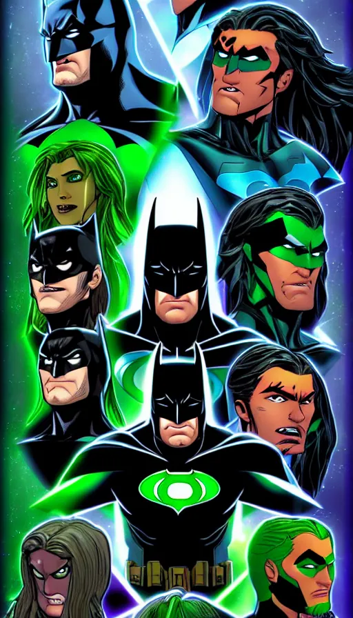 Prompt: batman, teen titans, green lantern, aquaman, dc universe, perfect faces, highly detailed, artstation, concept art, smooth, unreal engine 5, 8 k, masterpiece, comic, comic style