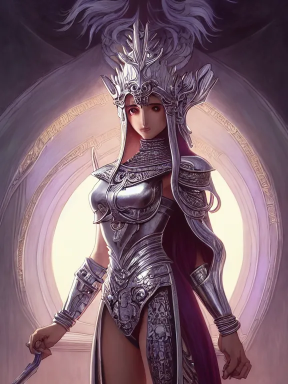 Prompt: full body picture of a moon knightress in the temple, coveted, beautiful and aesthetic, intricate, unreal engine, messy hair, highly detailed, detailed face, smooth, sharp focus, chiaroscuro, manga illustration, artgerm, greg rutkowski, ilya kuvshinov, rossdraws, alphonse mucha, young adult light novel cover art