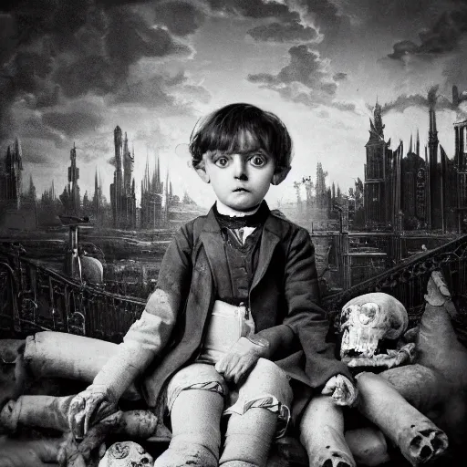 Image similar to a photo of young sad victorian gothic child with big eyes and wide grin sitting on a sofa of bones surrounded by a cyber futuristic cityscape made of human body parts, ultra detailed, 8 k resolution, beautiful lighting, expansive detailed layered city, landscape, 5 0 mm, perfect faces