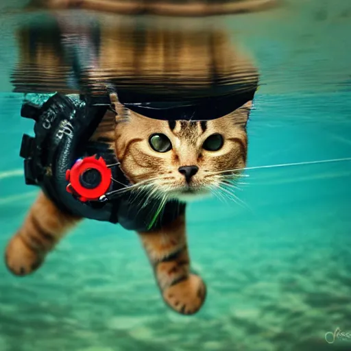 Prompt: cat wearing diving suit swimming in a river, 8k photograph, cat photography