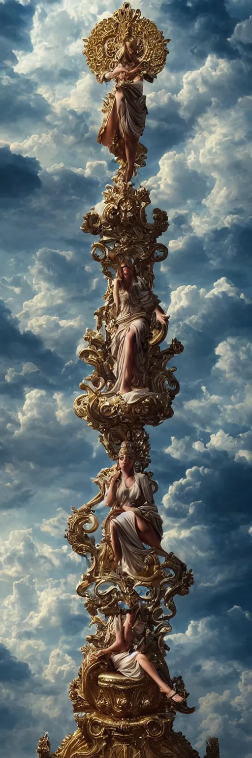 Prompt: Greek goddess on an ornate marble throne surrounded by heavenly clouds, beautiful, intricate artwork. octane render, trending on artstation, Greg Rutkowski, golden hour, very coherent, cinematic, hyper realism, high detail, vibrant