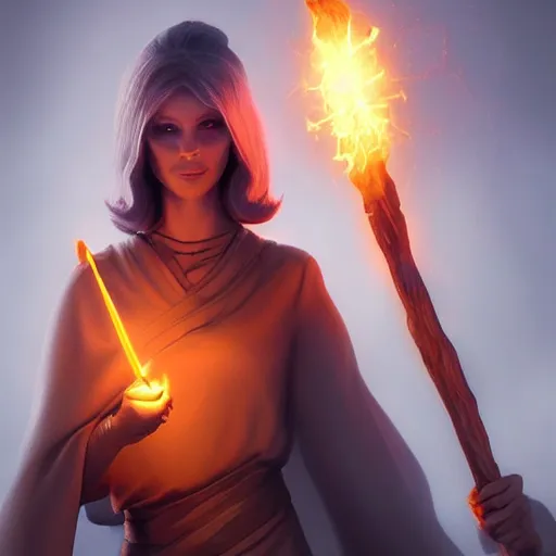 Prompt: Barbara Winsor wearing a monks tunic holding a glowing fire magical staff. Trending on Artstation, octane render, ultra detailed, art by Ross tran