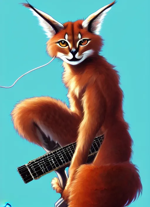 Image similar to cute fluffy caracal in pants sitting politely with electric guitar, facing the camera, anime art style, portrait, high detail, sharp focus, digital painting, artstation, concept art, art by hayao miyazaki and artgerm and greg rutkowski and alphonse mucha.