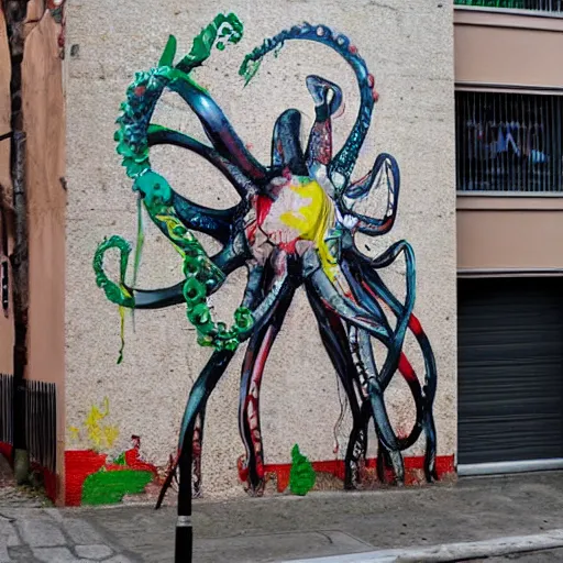 Image similar to octopus street graphitti, tentacles, by bordalo ii and artur bordalo