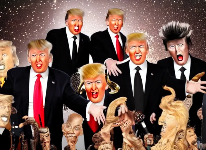 Image similar to donald trump kiss rock band, detailed facial expressions, surrealist aesthetic