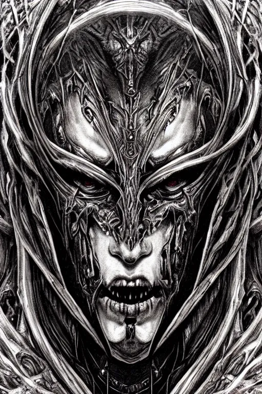 Prompt: Elden Ring and Doom themed painting of majestic crimson biomechanical infernal demon human hybrid beautiful undead angel symmetrical angry mask closeup face angry mask closeup tattoo pattern golden ratio concept, Neo-Gothic concept, infinity glyph waves, intricate artwork masterpiece, very coherent artwork, cinematic, full frontal facial features by Artgerm, art by H.R. Giger, Takato Yamamoto, Zdizslaw Beksinski, Johnatan Wayshak, Moebius, Ayami Kojima, very anatomically coherent artwork, trending on cgsociety, ultra high quality model, production quality cinema model, high detail chromatic ink outline, octane render, unreal engine 8k, hyper realism, high detail, octane render, unreal engine, 8k, High contrast