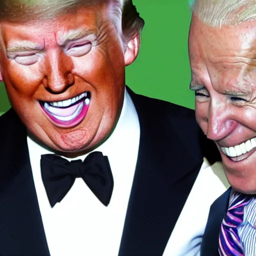 Prompt: donald trump and joe biden laughing together, taken by a bad webcam.