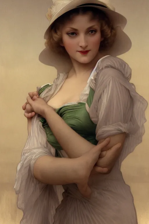 Image similar to high angle photo of a beautiful blonde woman from 2 0 s decade of 1 8 0 0 century with green eyes, gloomy atmosphere, film noir realistic, sharp focus, 8 k high definition, insanely detailed, artstation, concept art, smooth, sharp focus, illustration, art by artgerm and vargas and alphonse mucha and william - adolphe bouguereau