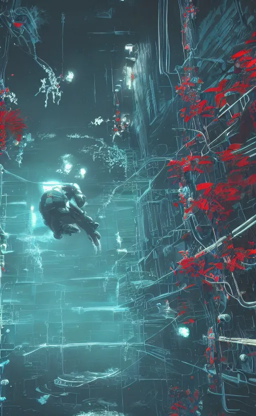 Image similar to soma game art style, drowning astronaut under water, red or blue plants, panic, hyperdetailed, hyperrealistic, cyberpunk style