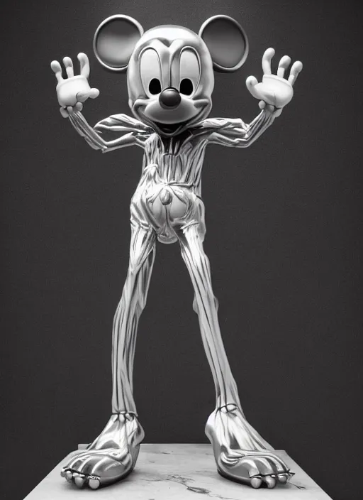 Image similar to stylized shiny polished silver statue full body extra limbs bizarre cosmic horror demonic demon made of marble of disney character mickey mouse, perfect symmetrical body, perfect symmetrical face, hyper realistic, hyper detailed, by johannen voss, by michelangelo, octane render, blender, 8 k, displayed in pure white studio room