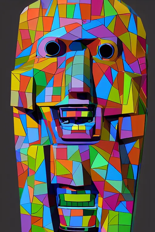 Image similar to cubist moai statue cutout digital illustration cartoon colorful beeple