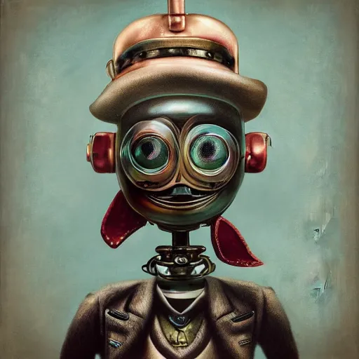 Prompt: wide - angle profile face portrait of a tin toy of a steampunk eye dressed in his finest attire, nicoletta ceccoli, mark ryden, lostfish, max fleischer, hyper realistic, artstation, illustration, digital paint, matte paint, vivid colors, bright, cheerful, detailed and intricate environment
