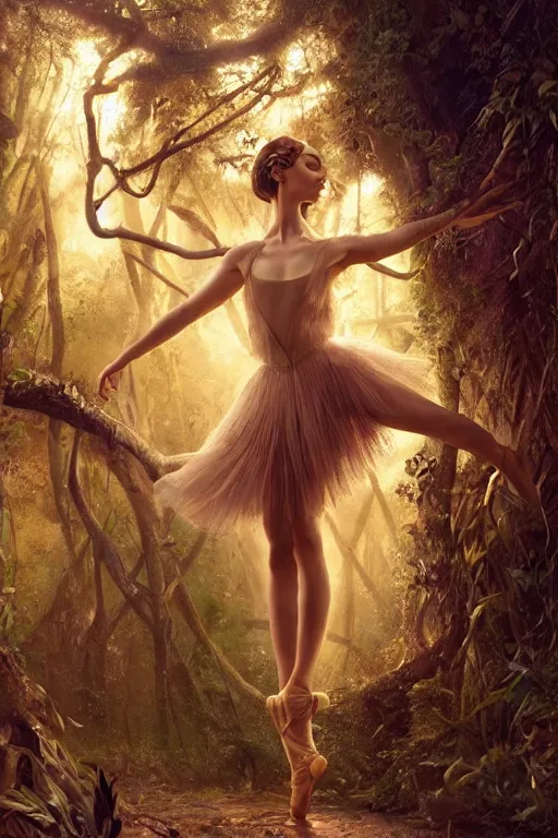 Image similar to stunningly beautiful, turkish prima ballerina in jungle, symmetrical face, golden hour, smooth, focus, highly detailed, hyper realistic, dramatic lighting, elegant, intricate, concept art, art by wlop, mars ravelo, greg rutowski