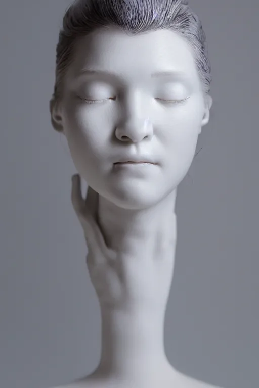 Prompt: full head and shoulders, beautiful porcelain female person, smooth, delicate facial features, lots of realistic, detailed eyeballs all over the face, white lashes, by daniel arsham and james jean