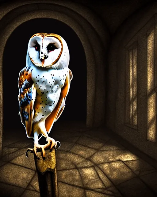 Image similar to an extremely detailed masterpiece surreal painting of a barn owl in the barn, in the style of brian froud, brian despain, brian bolland, digital art, unreal engine, volumetric lighting, dark moody lighting, post apocalyptic, 4 k