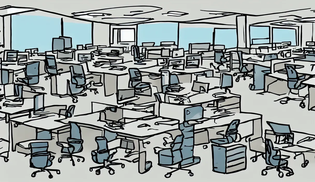 Prompt: a cartoon drawing of an office with desks chairs computers and other office equipment